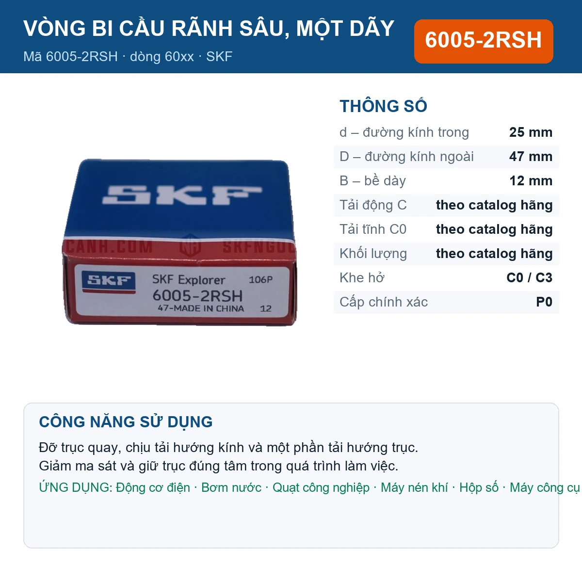 Vòng bi SKF 6005-2RSH — kích thước 25x47x12mm