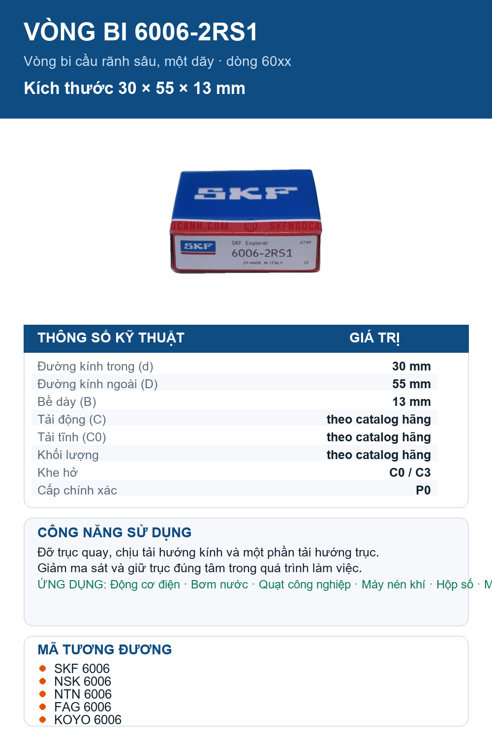 Vòng bi SKF 6006-2RS1 30x55x13mm — Ảnh thông số (Pinterest)