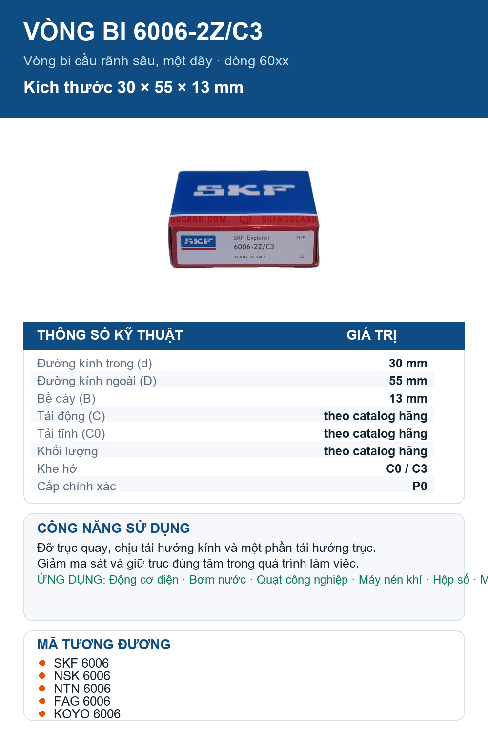 Vòng bi SKF 6006-2Z/C3 30x55x13mm — Ảnh thông số (Pinterest)