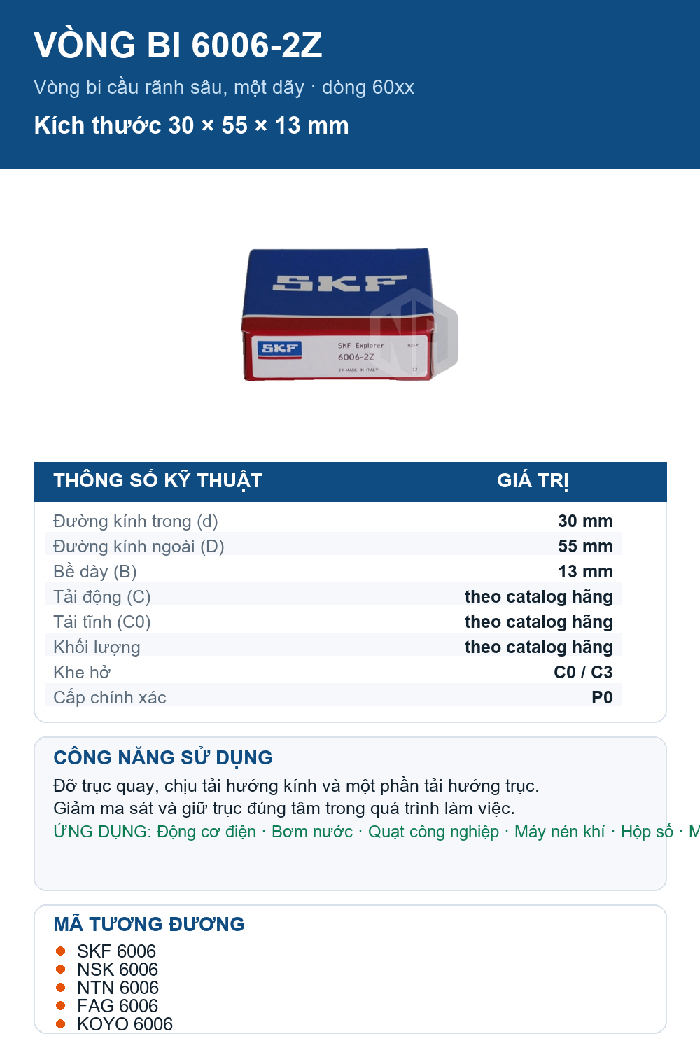 Vòng bi SKF 6006-2Z 30x55x13mm — Ảnh thông số (Pinterest)