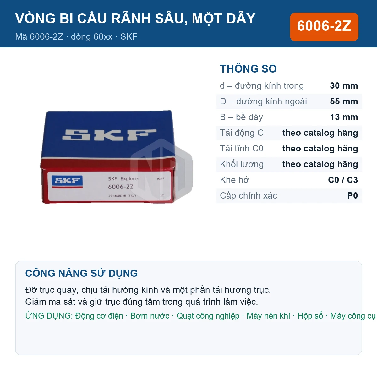 Vòng bi SKF 6006-2Z — kích thước 30x55x13mm