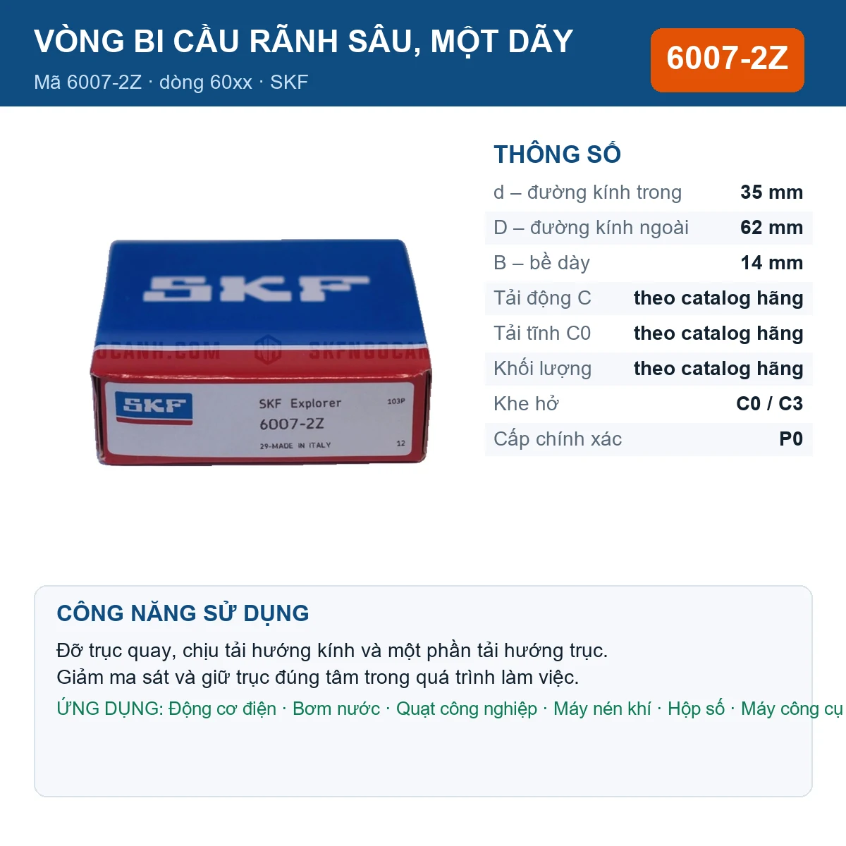 Vòng bi SKF 6007-2Z — kích thước 35x62x14mm