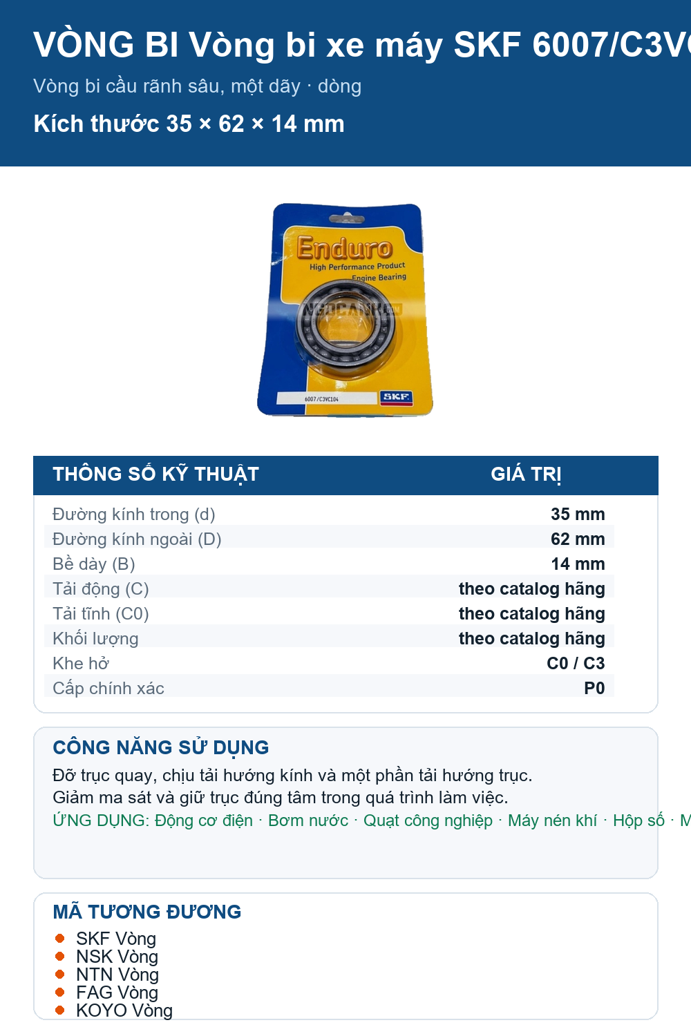 Vòng bi SKF 6007/C3VC104 35x62x14mm — Ảnh thông số (Pinterest)