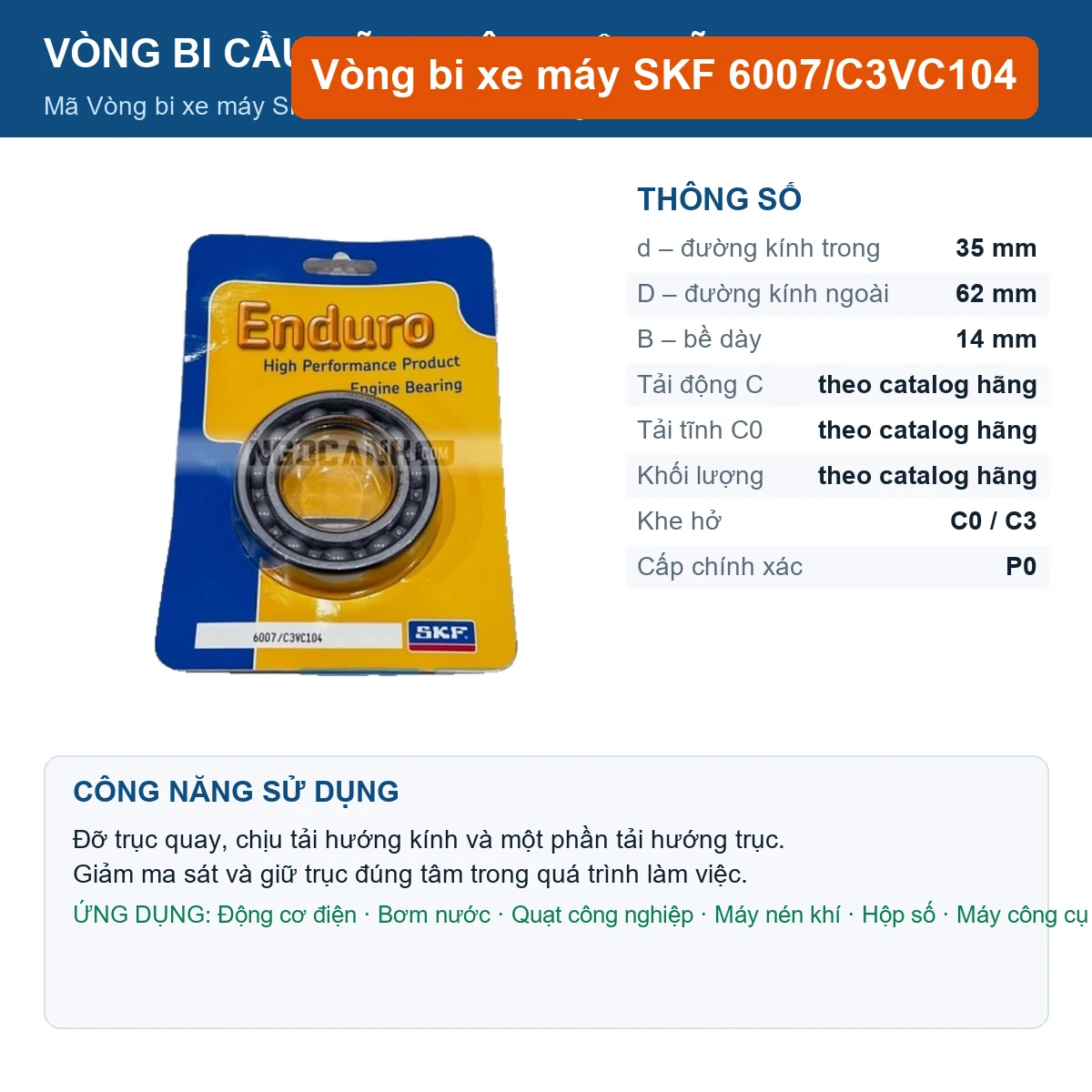 Vòng bi SKF 6007/C3VC104 35x62x14mm — Ảnh đăng sản phẩm (web)