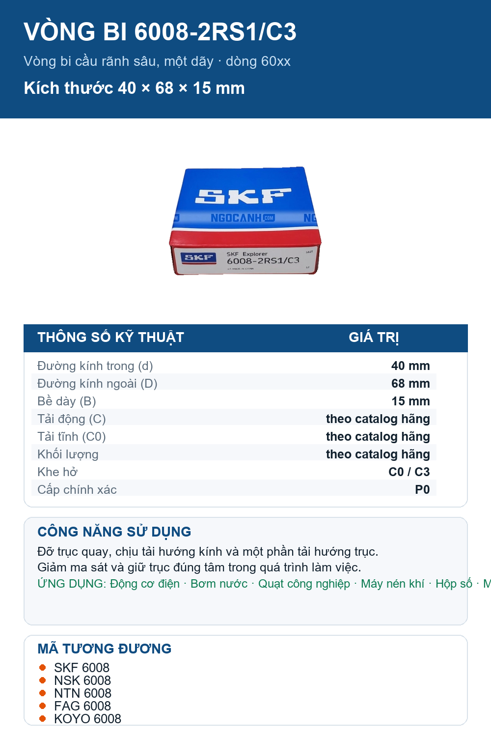 Vòng bi SKF 6008-2RS1/C3 40x68x15mm — Ảnh thông số (Pinterest)