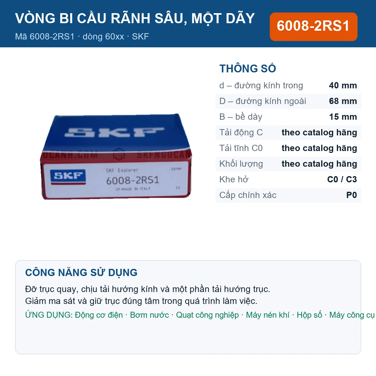 Vòng bi SKF 6008-2RS1 — kích thước 40x68x15mm