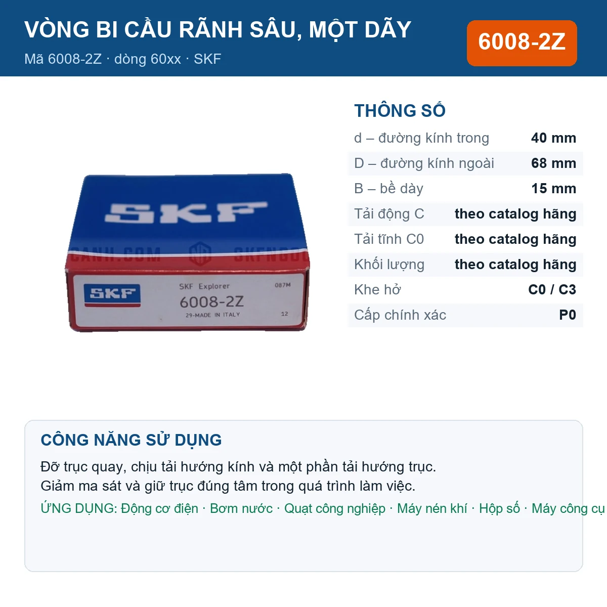Vòng bi SKF 6008-2Z — kích thước 40x68x15mm