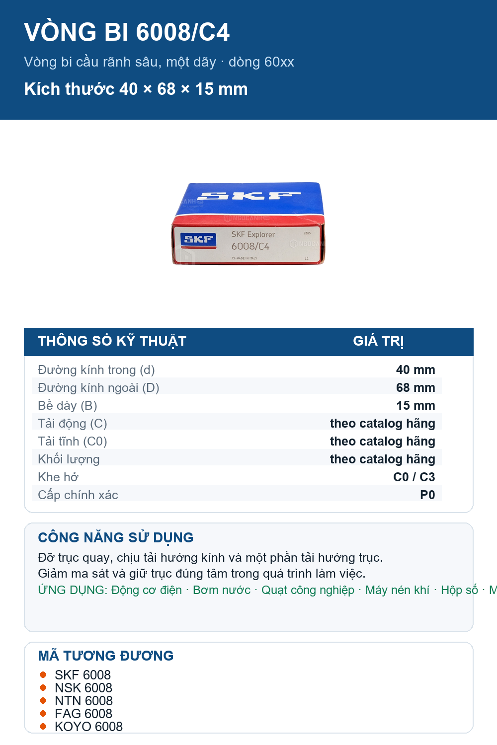 Vòng bi SKF 6008/C4 40x68x15mm — Ảnh thông số (Pinterest)