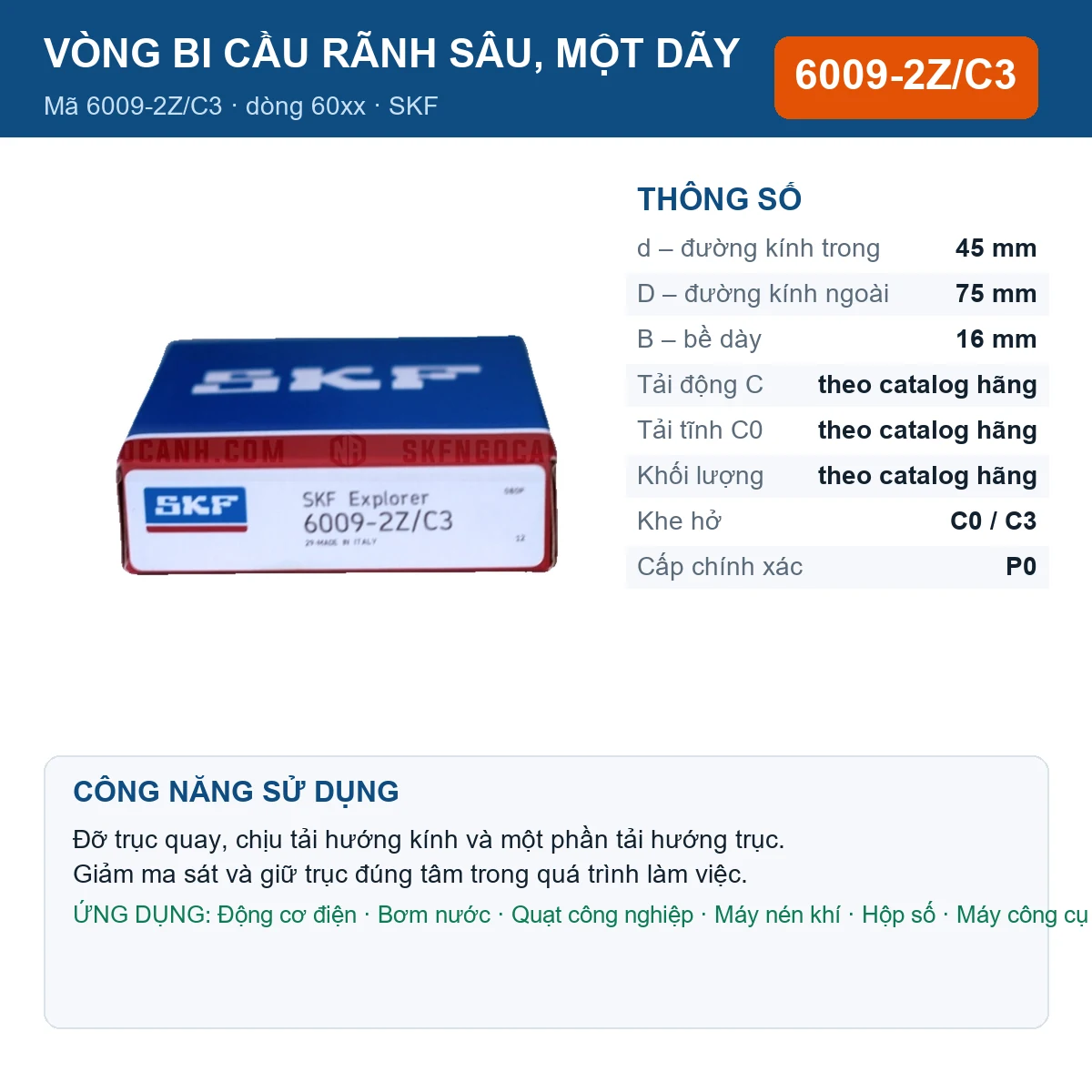 Vòng bi SKF 6009-2Z/C3 — kích thước 45x75x16mm