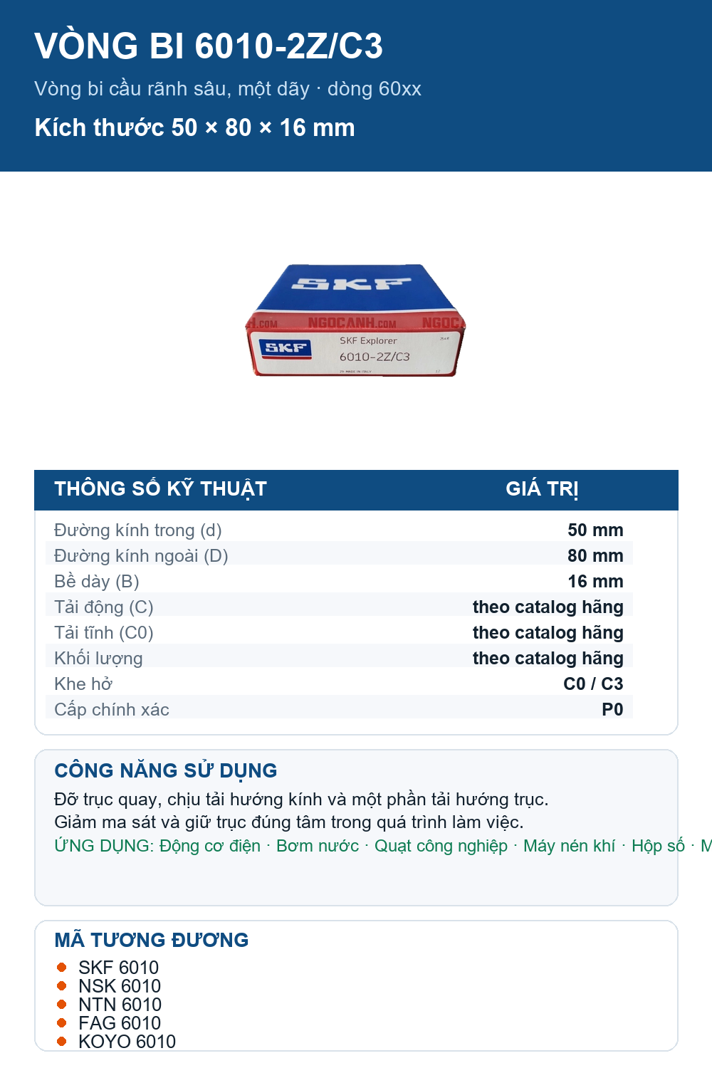 Vòng bi SKF 6010-2Z/C3 50x80x16mm — Ảnh thông số (Pinterest)