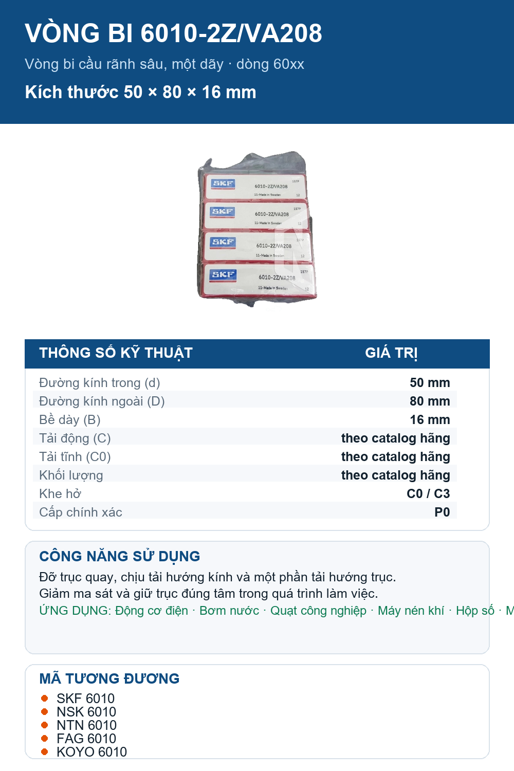 Vòng bi SKF 6010-2Z/VA208 50x80x16mm — Ảnh thông số (Pinterest)