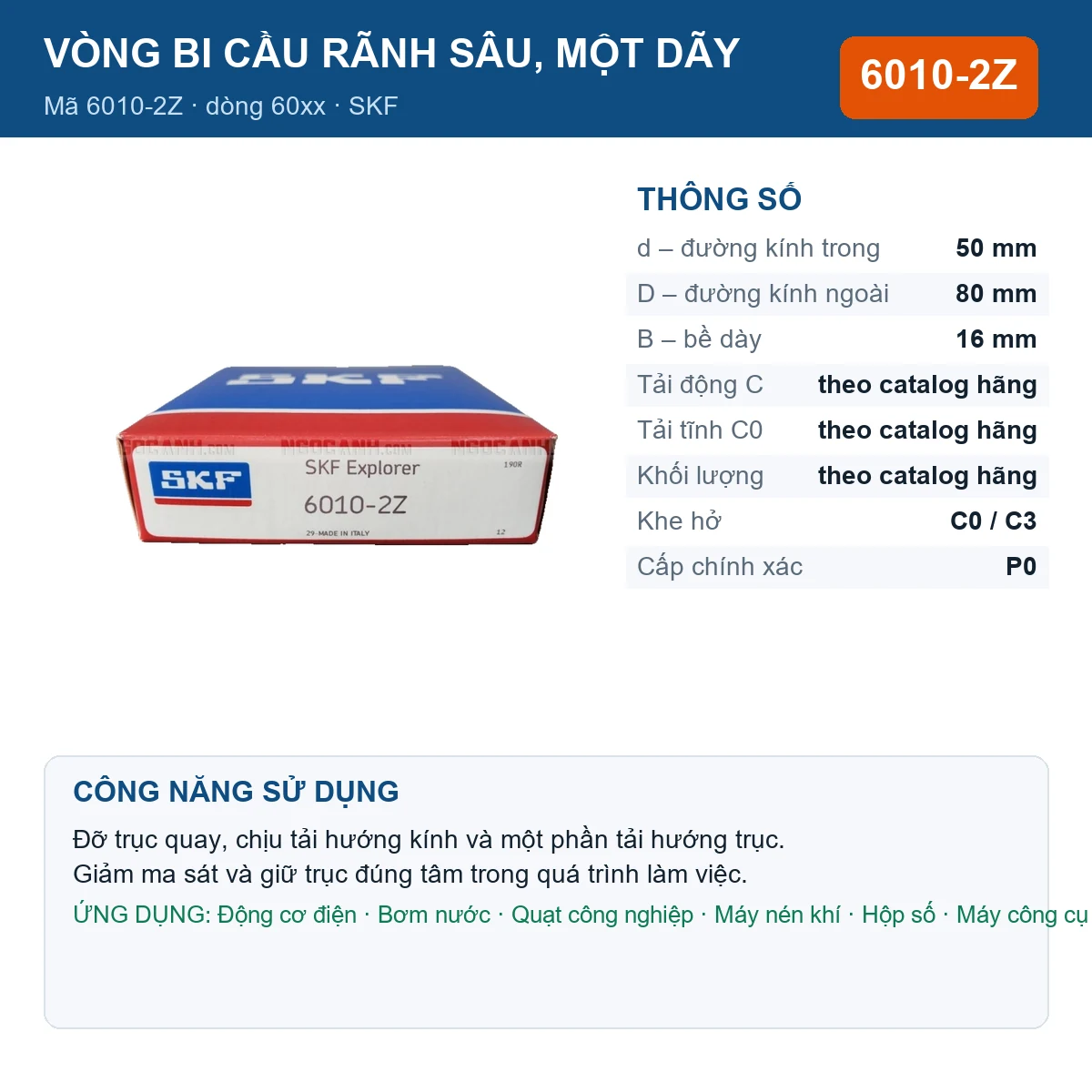 Vòng bi SKF 6010-2Z — kích thước 50x80x16mm