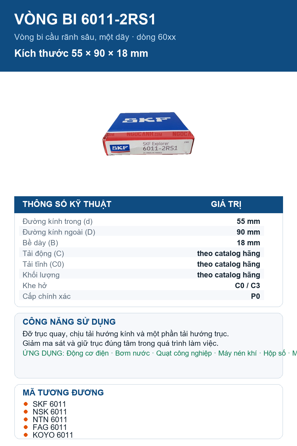 Vòng bi SKF 6011-2RS1 55x90x18mm — Ảnh thông số (Pinterest)