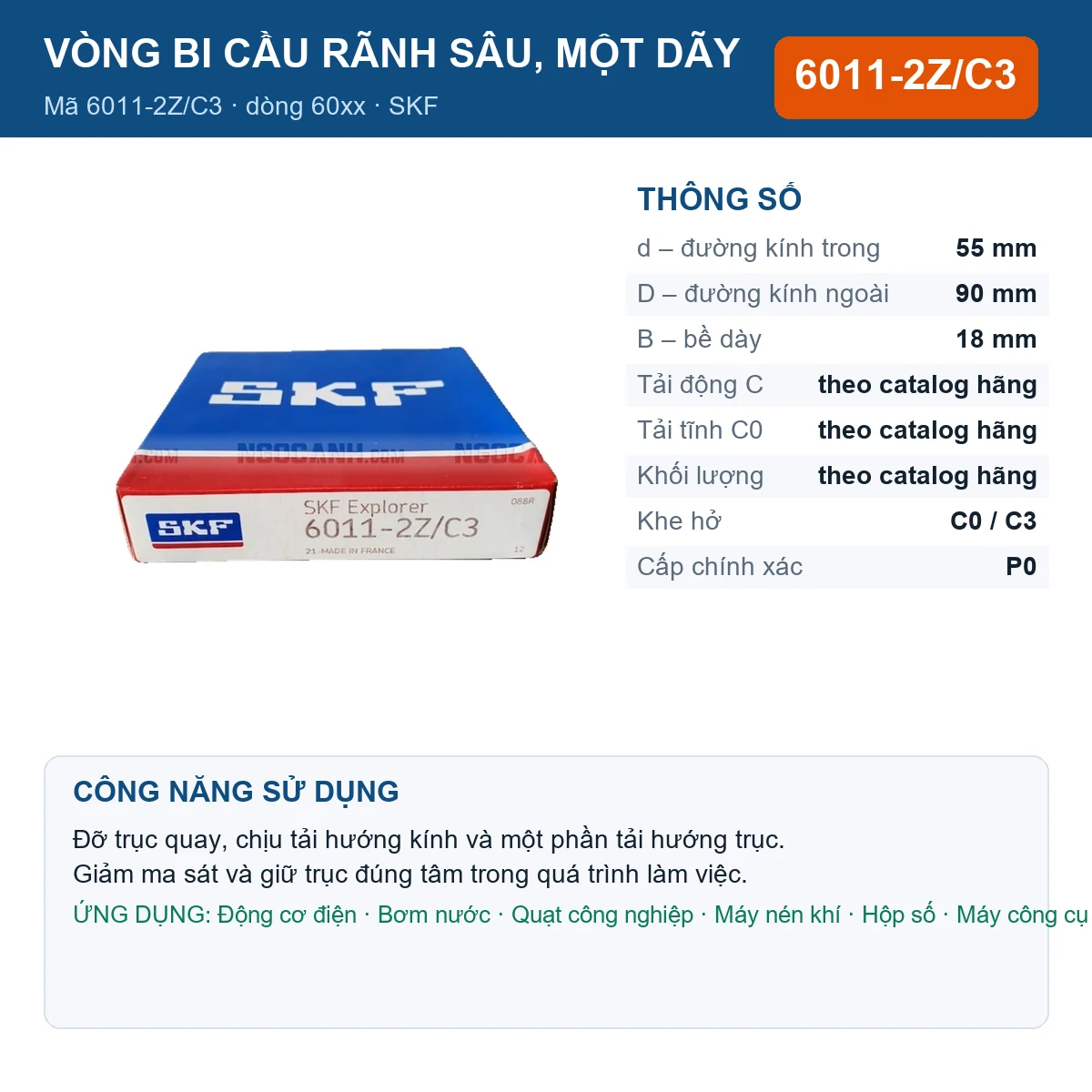 Vòng bi SKF 6011-2Z/C3 — kích thước 55x90x18mm