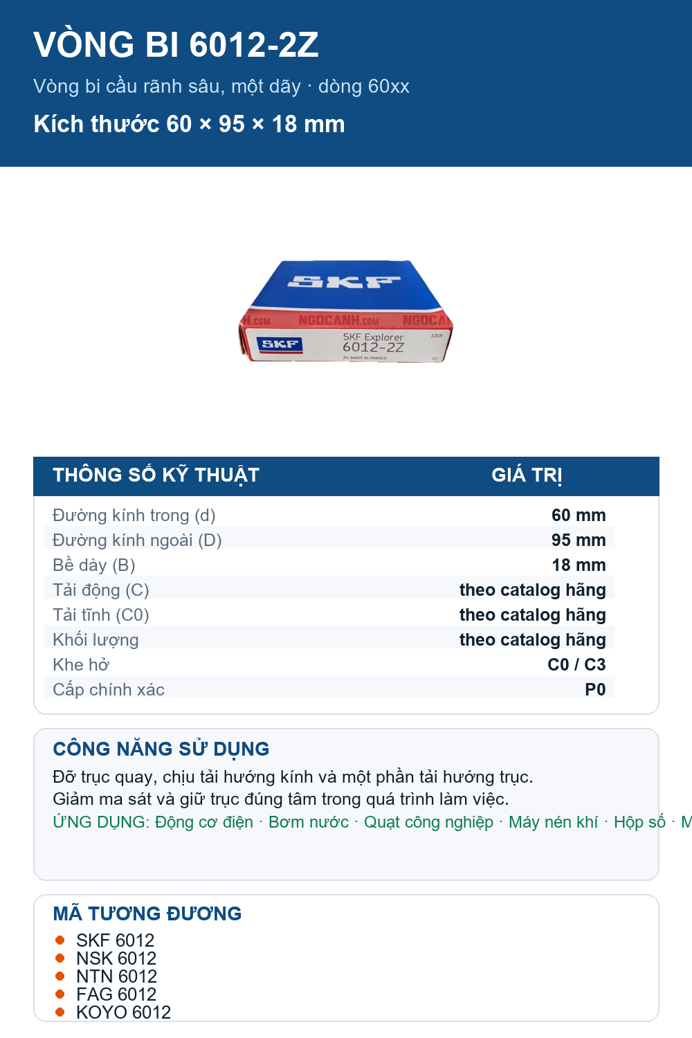Vòng bi SKF 6012-2Z 60x95x18mm — Ảnh thông số (Pinterest)