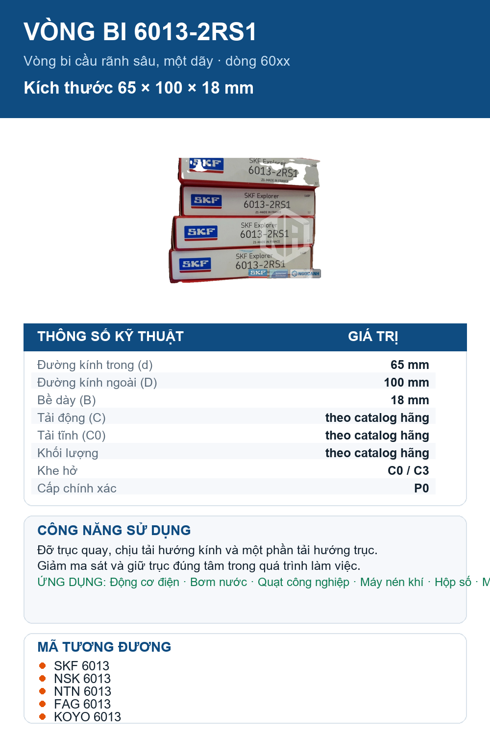 Vòng bi SKF 6013-2RS1 65x100x18mm — Ảnh thông số (Pinterest)