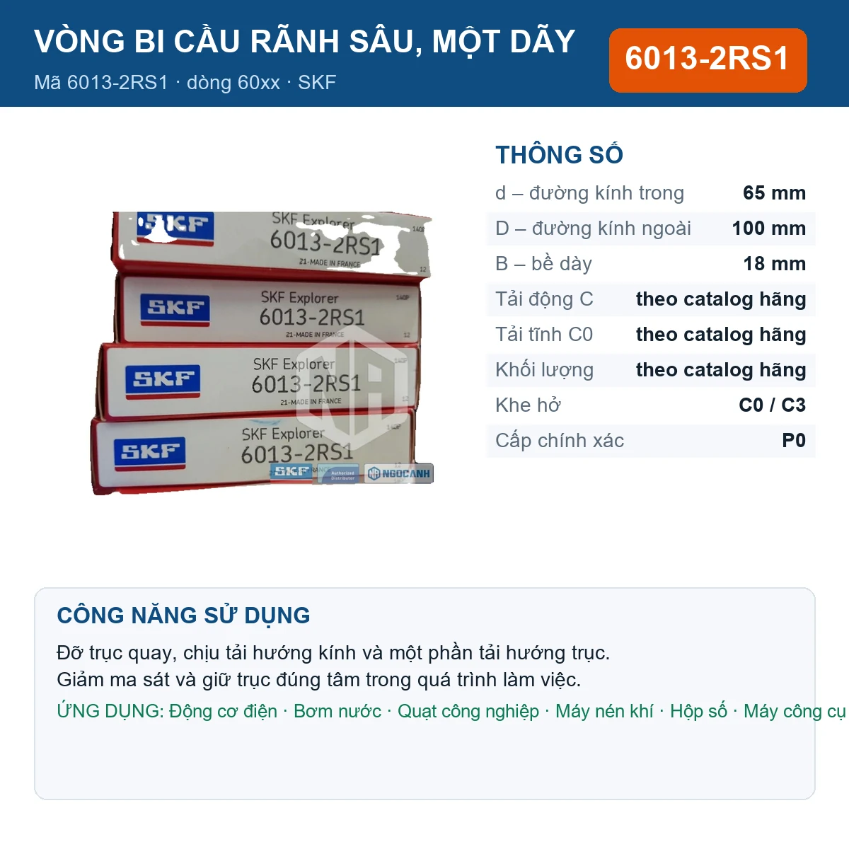 Vòng bi SKF 6013-2RS1 — kích thước 65x100x18mm