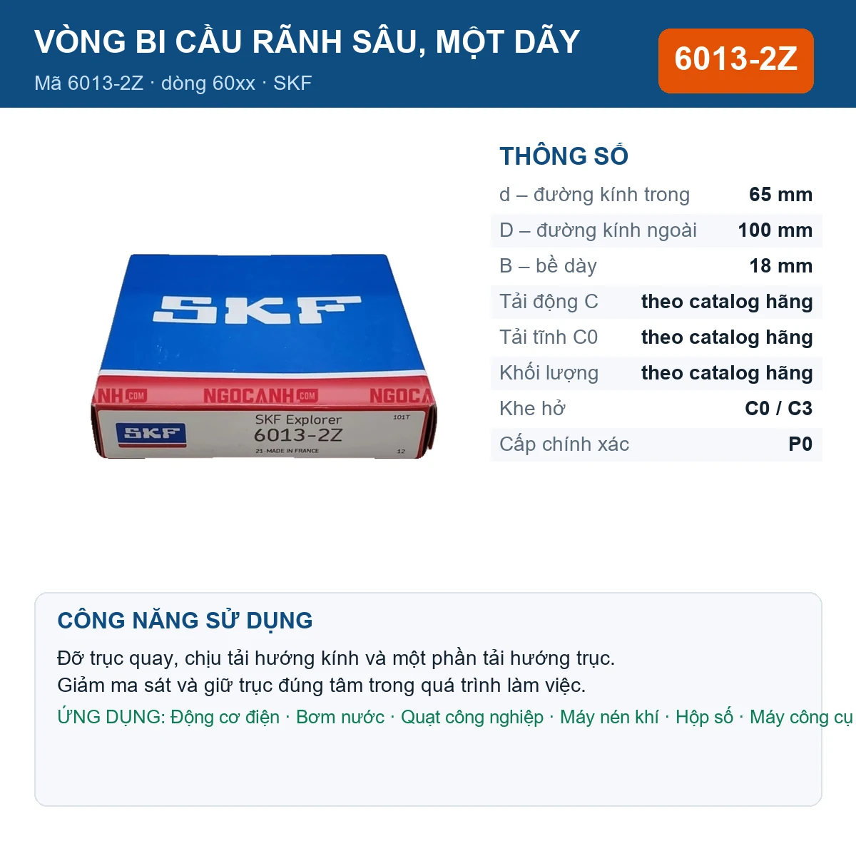 Vòng bi SKF 6013-2Z — kích thước 65x100x18mm