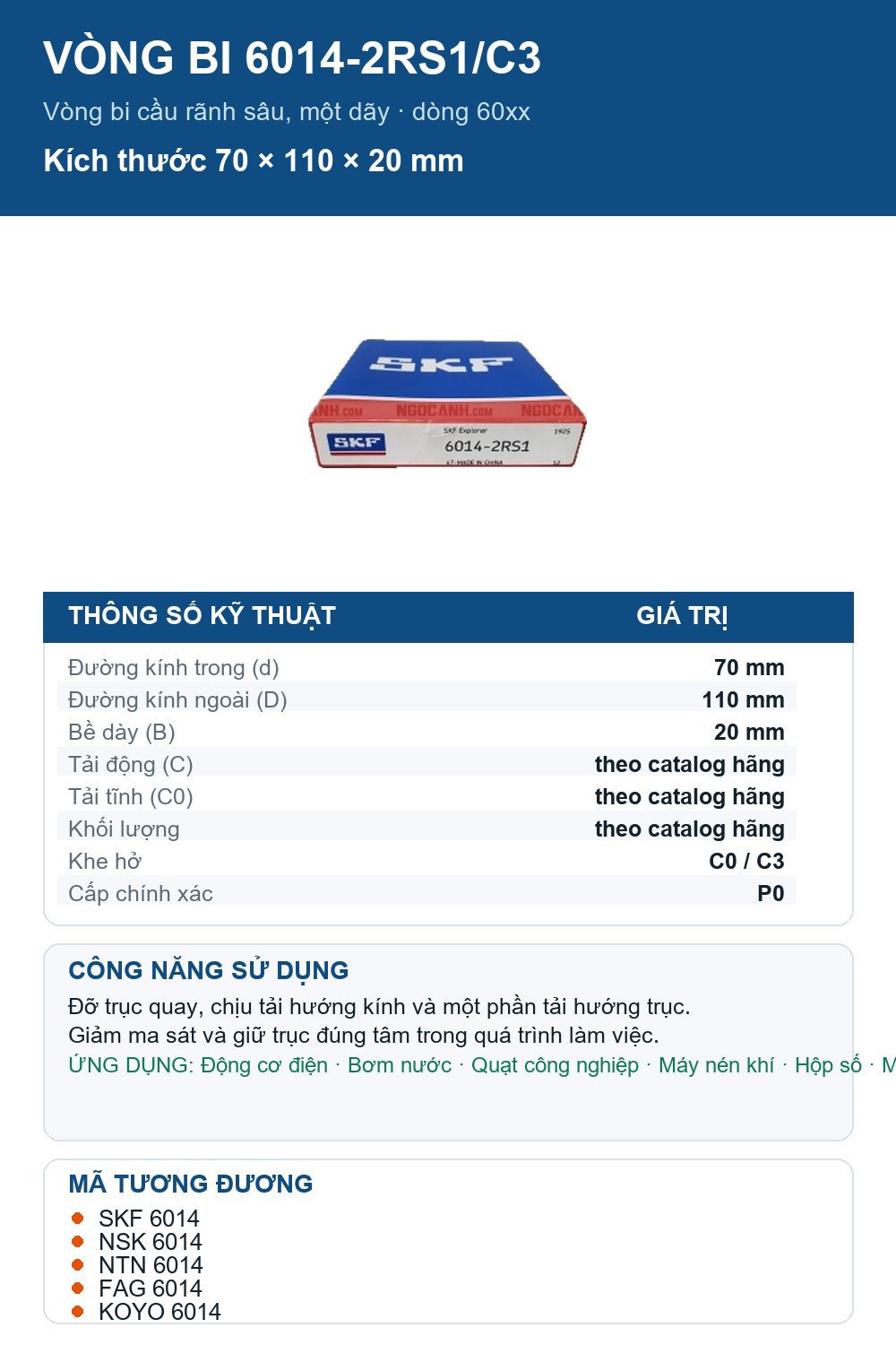 Vòng bi SKF 6014-2RS1/C3 70x110x20mm — Ảnh thông số (Pinterest)