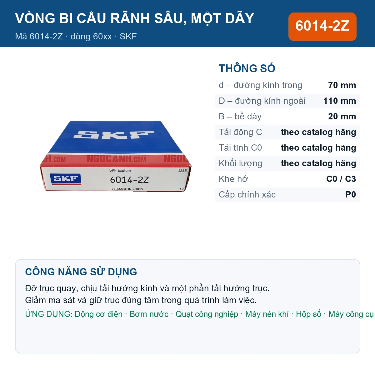 Vòng bi SKF 6014-2Z — kích thước 70x110x20mm