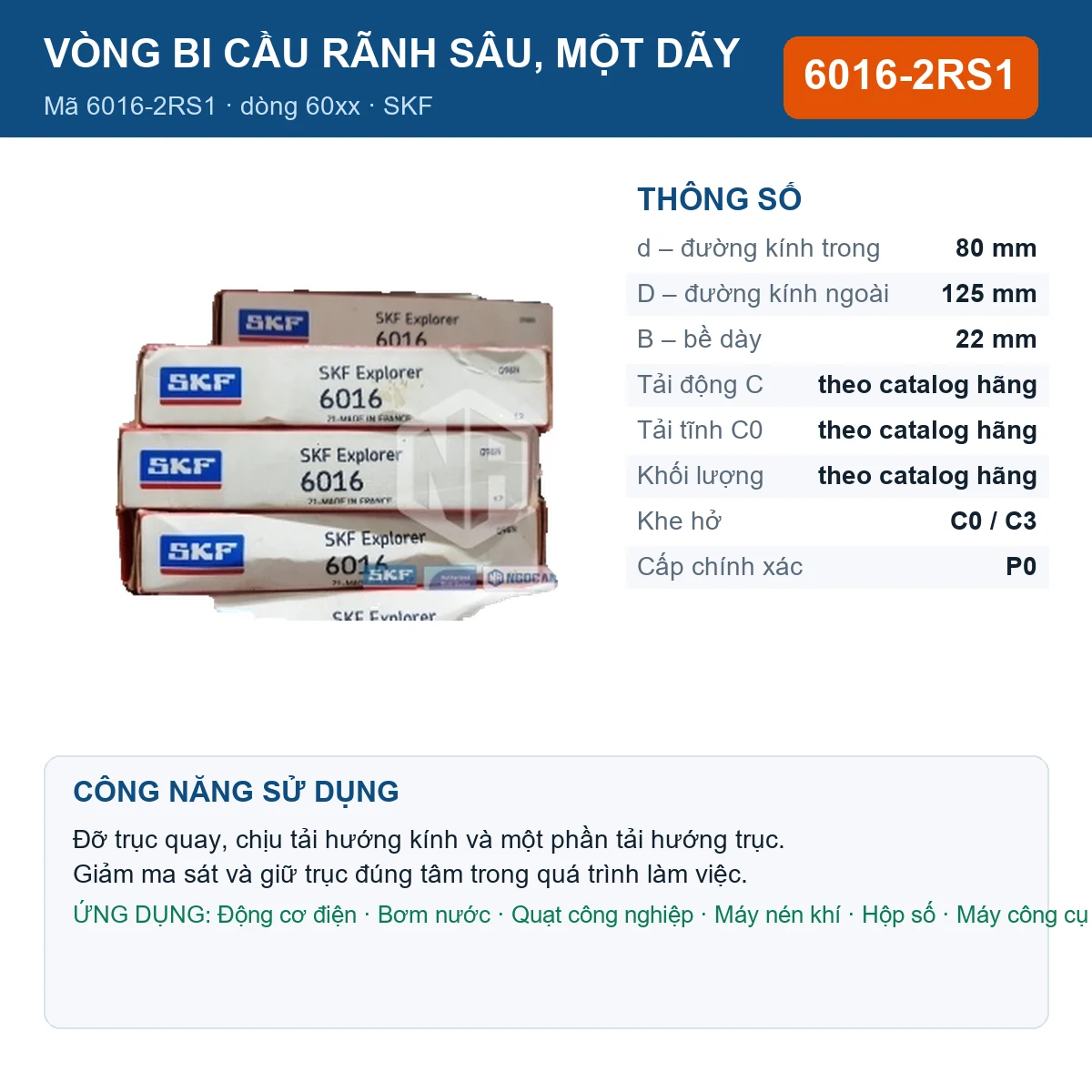 Vòng bi SKF 6016-2RS1 — kích thước 80x125x22mm