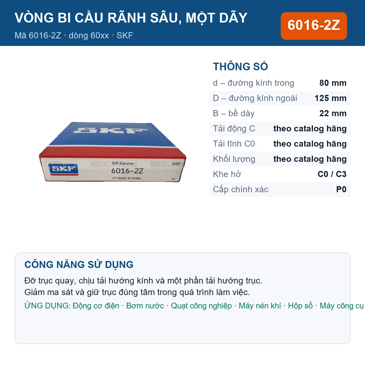 Vòng bi SKF 6016-2Z — kích thước 80x125x22mm