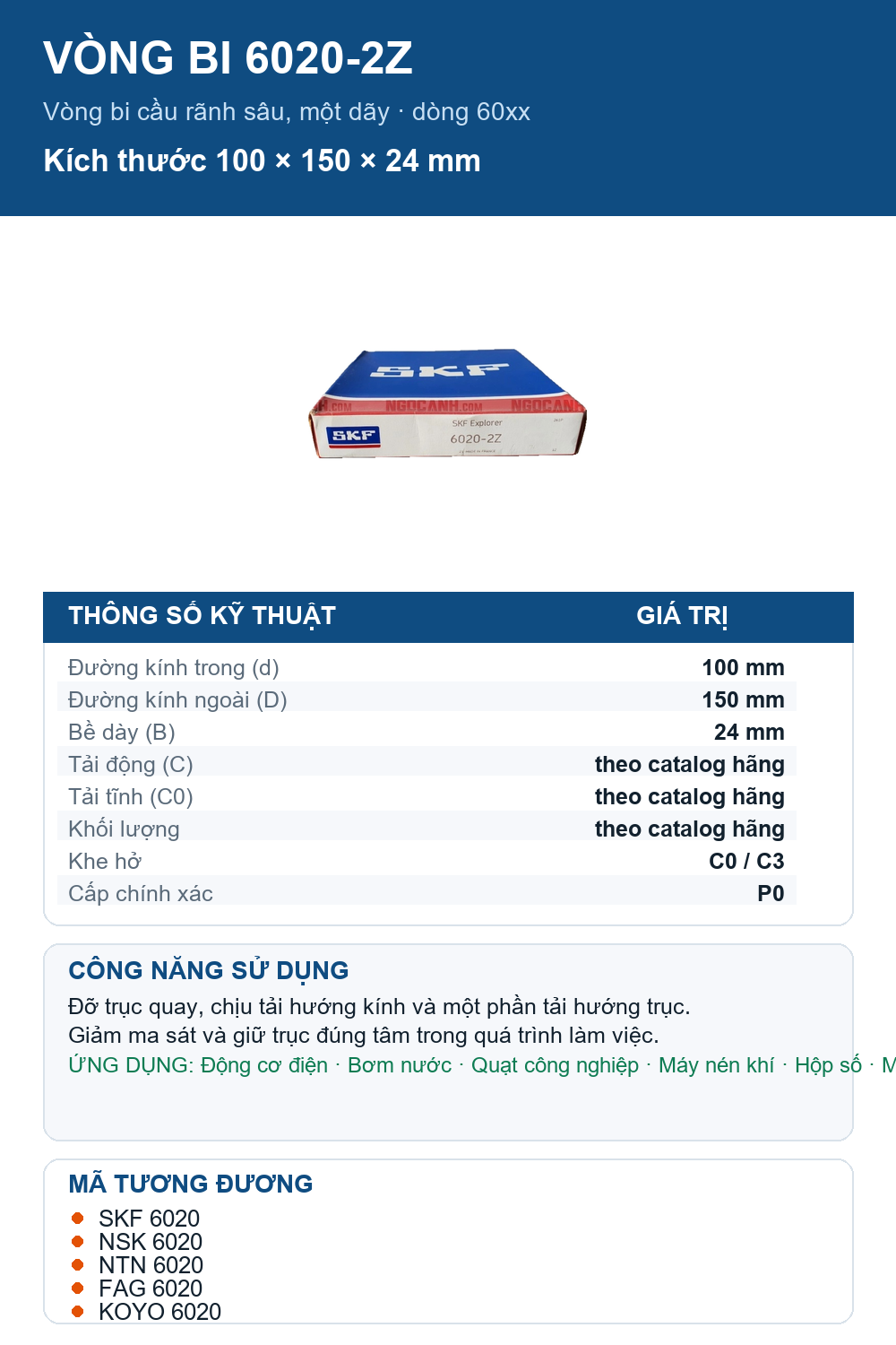 Vòng bi SKF 6020-2Z 100x150x24mm — Ảnh thông số (Pinterest)
