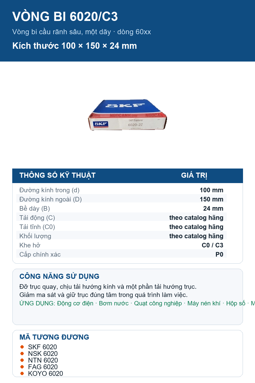 Vòng bi SKF 6020/C3 100x150x24mm — Ảnh thông số (Pinterest)