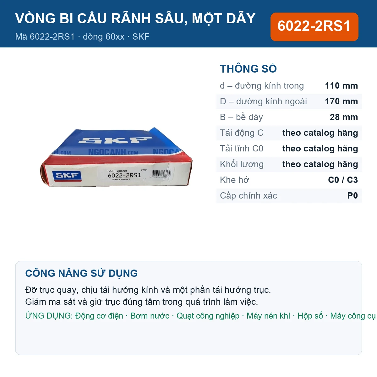 Vòng bi SKF 6022-2RS1 — kích thước 110x170x28mm