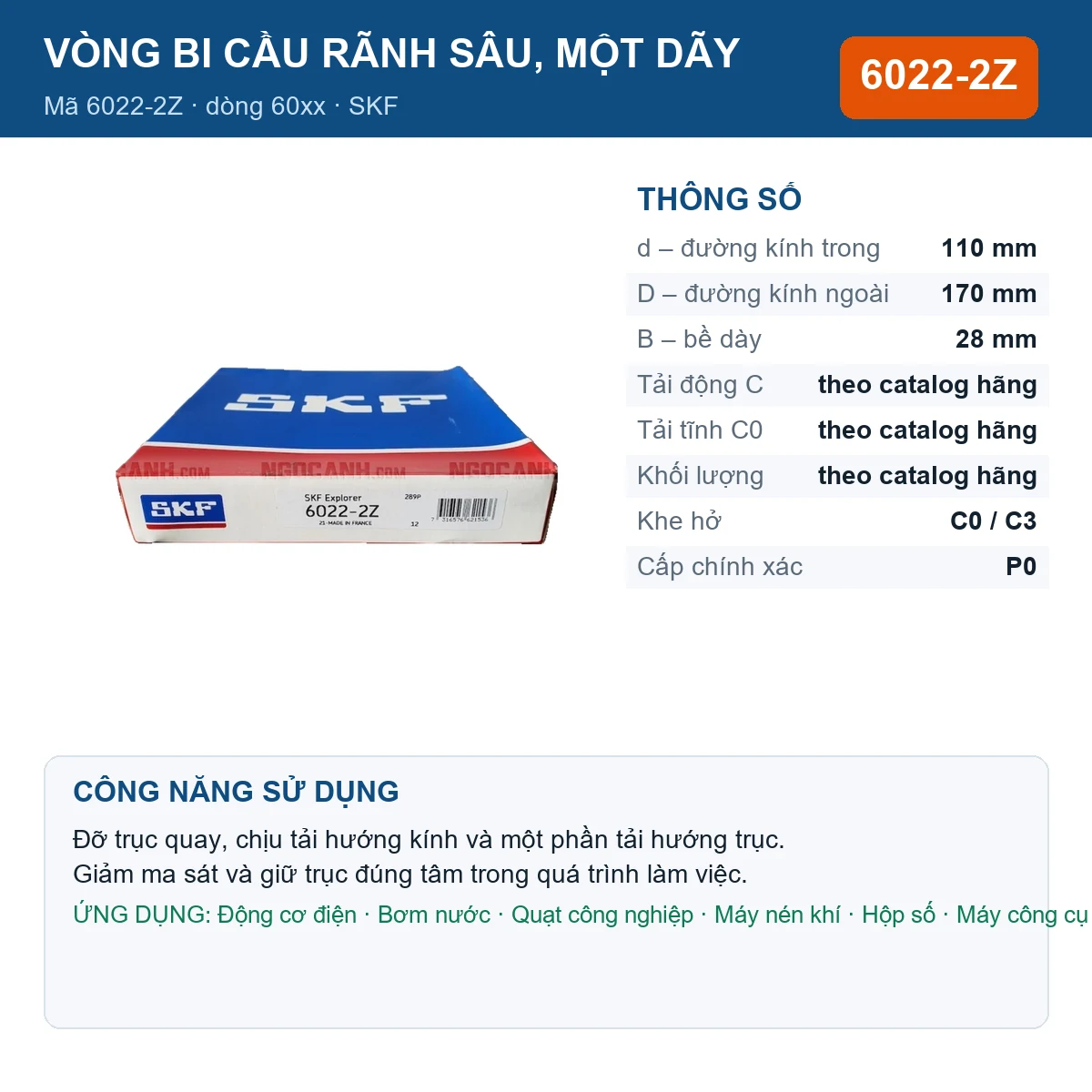 Vòng bi SKF 6022-2Z — kích thước 110x170x28mm