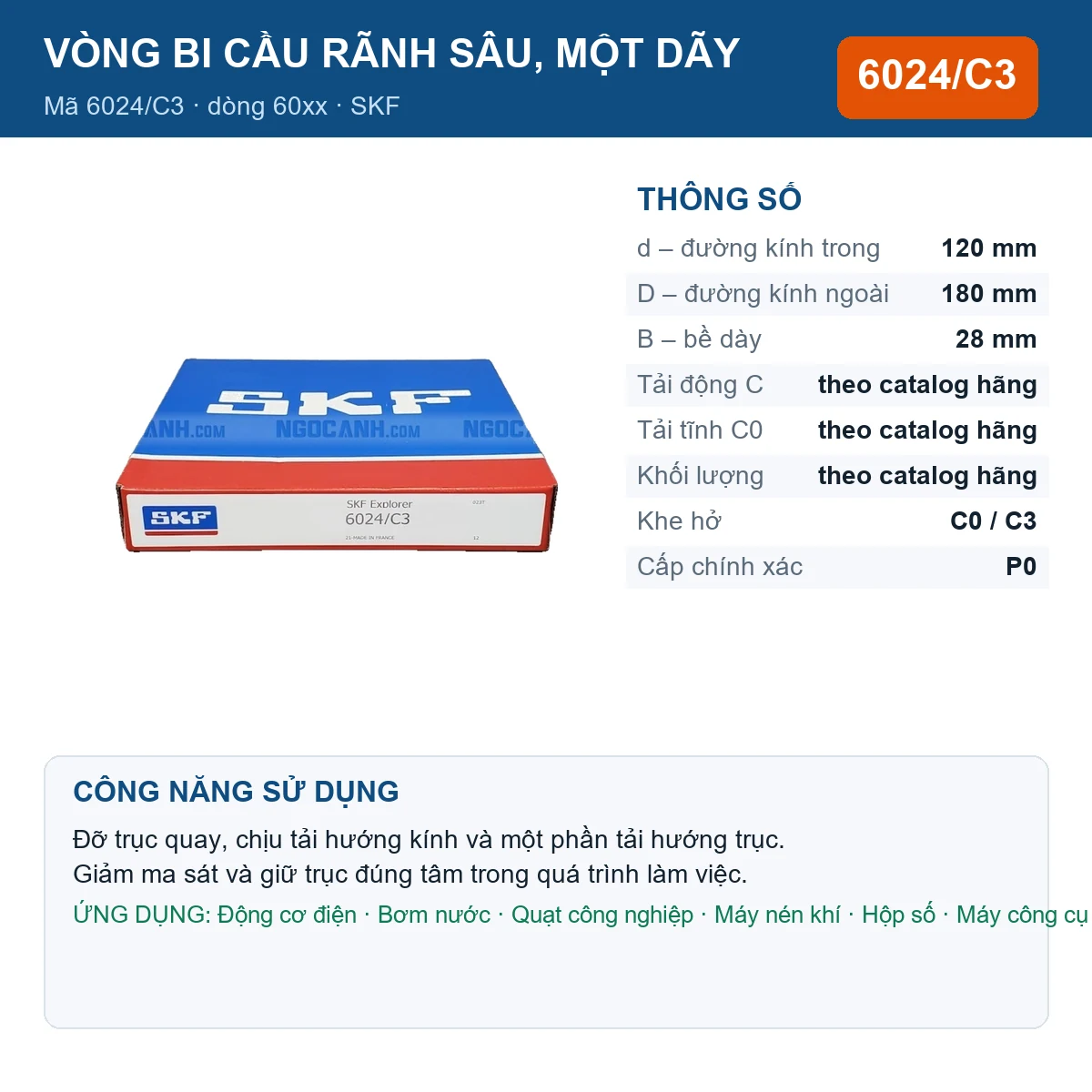Vòng bi SKF 6024/C3 120x180x28mm — Ảnh đăng sản phẩm (web)