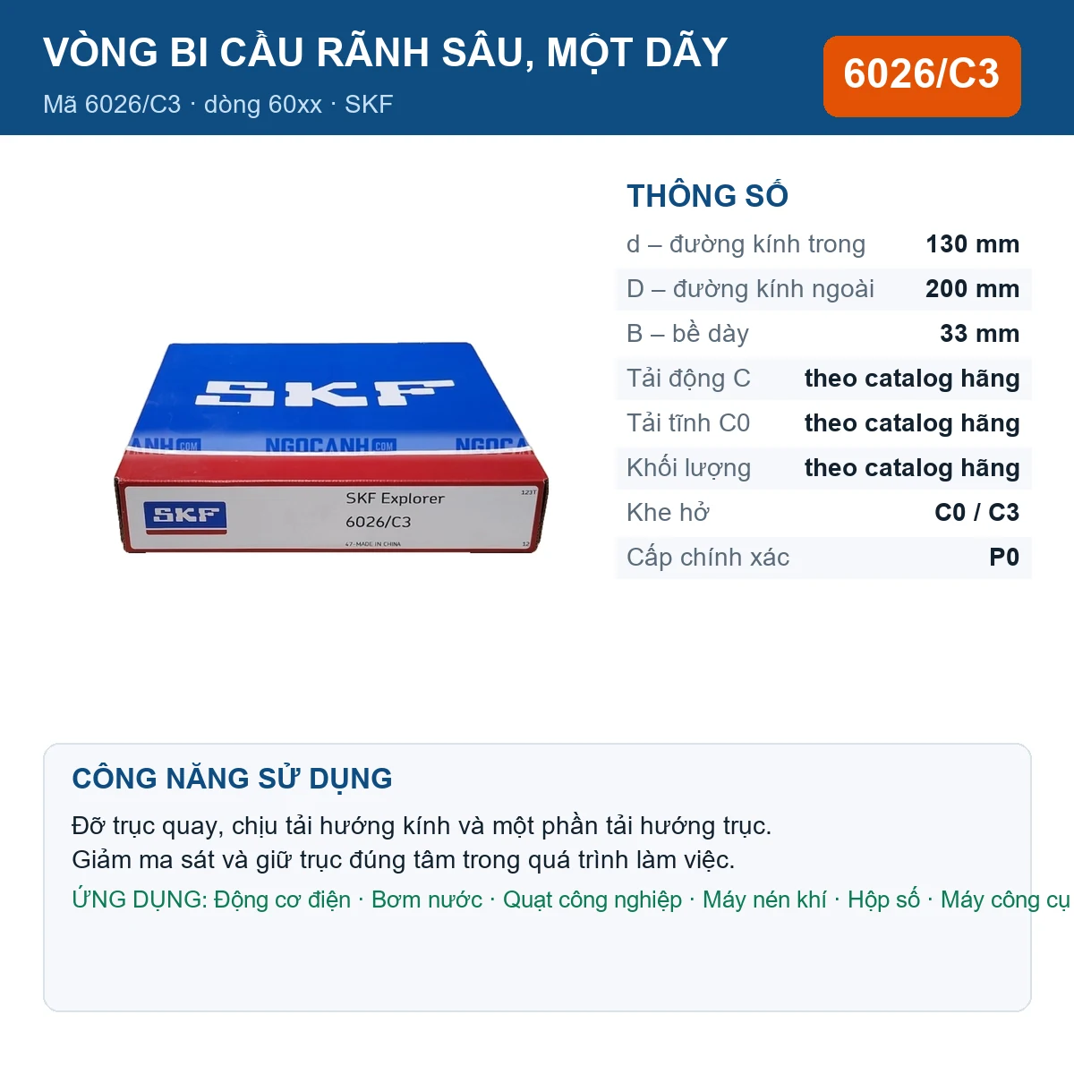 Vòng bi SKF 6026/C3 130x200x33mm — Ảnh đăng sản phẩm (web)
