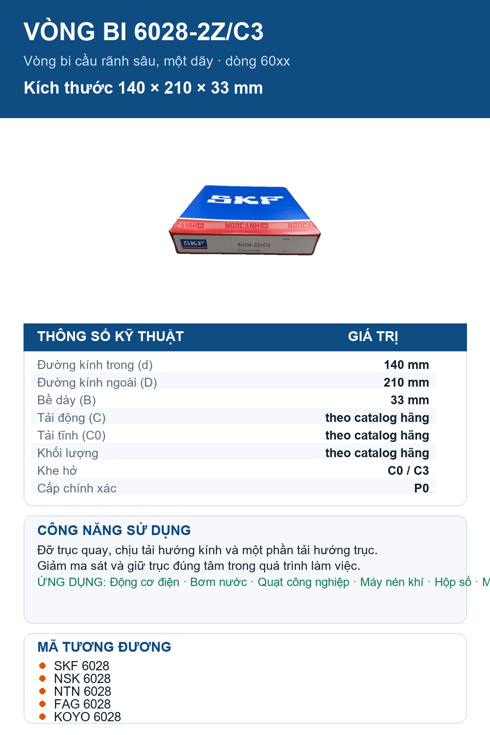 Vòng bi SKF 6028-2Z/C3 140x210x33mm — Ảnh thông số (Pinterest)
