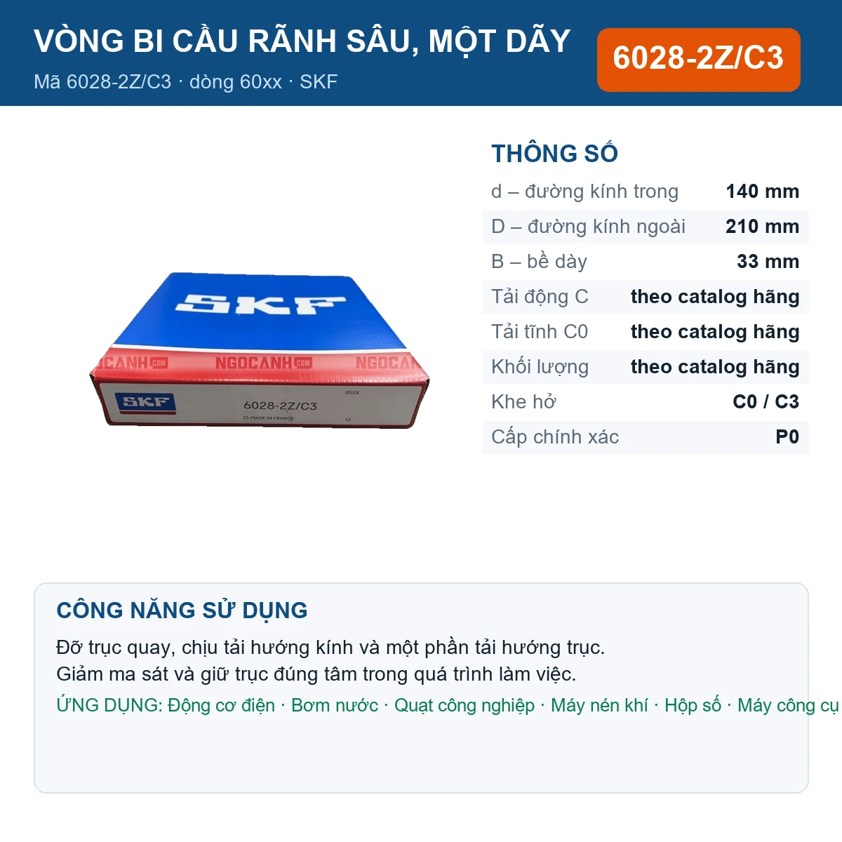 Vòng bi SKF 6028-2Z/C3 — kích thước 140x210x33mm