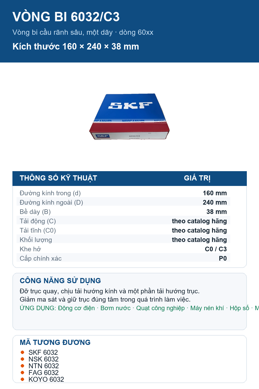 Vòng bi SKF 6032/C3 160x240x38mm — Ảnh thông số (Pinterest)