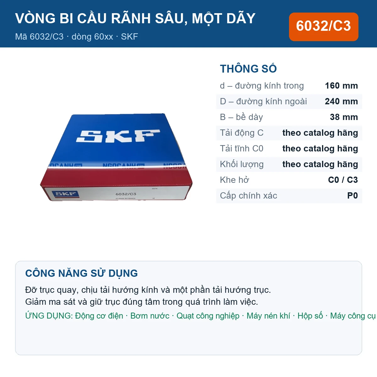 Vòng bi SKF 6032/C3 160x240x38mm — Ảnh đăng sản phẩm (web)