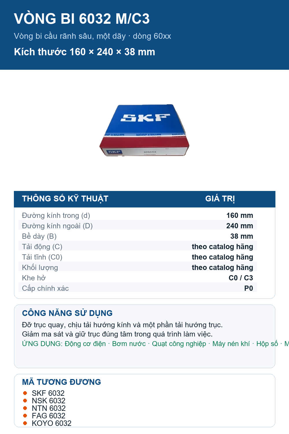 Vòng bi SKF 6032 M/C3 160x240x38mm — Ảnh thông số (Pinterest)
