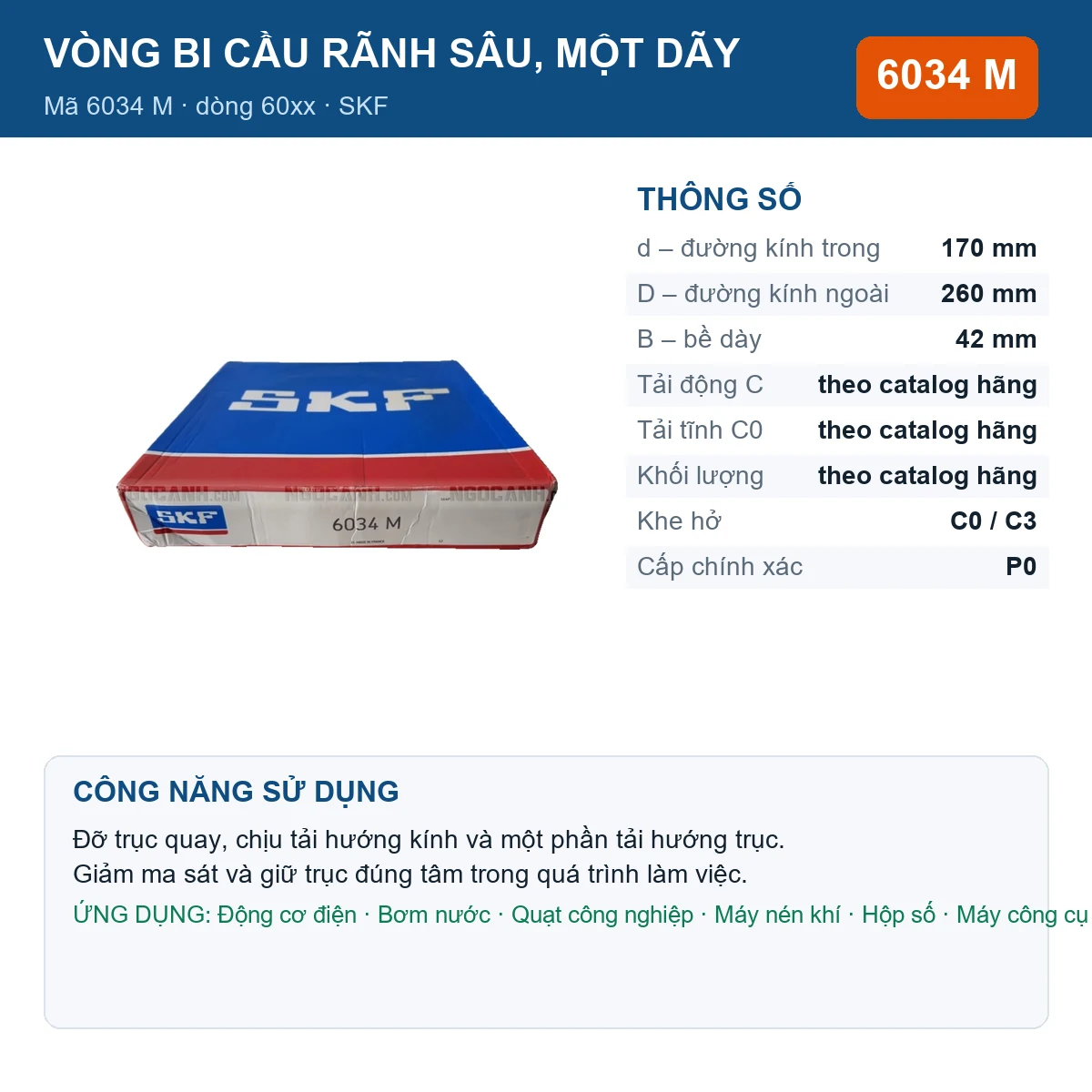 Vòng bi SKF 6034 M 170x260x42mm — Ảnh đăng sản phẩm (web)