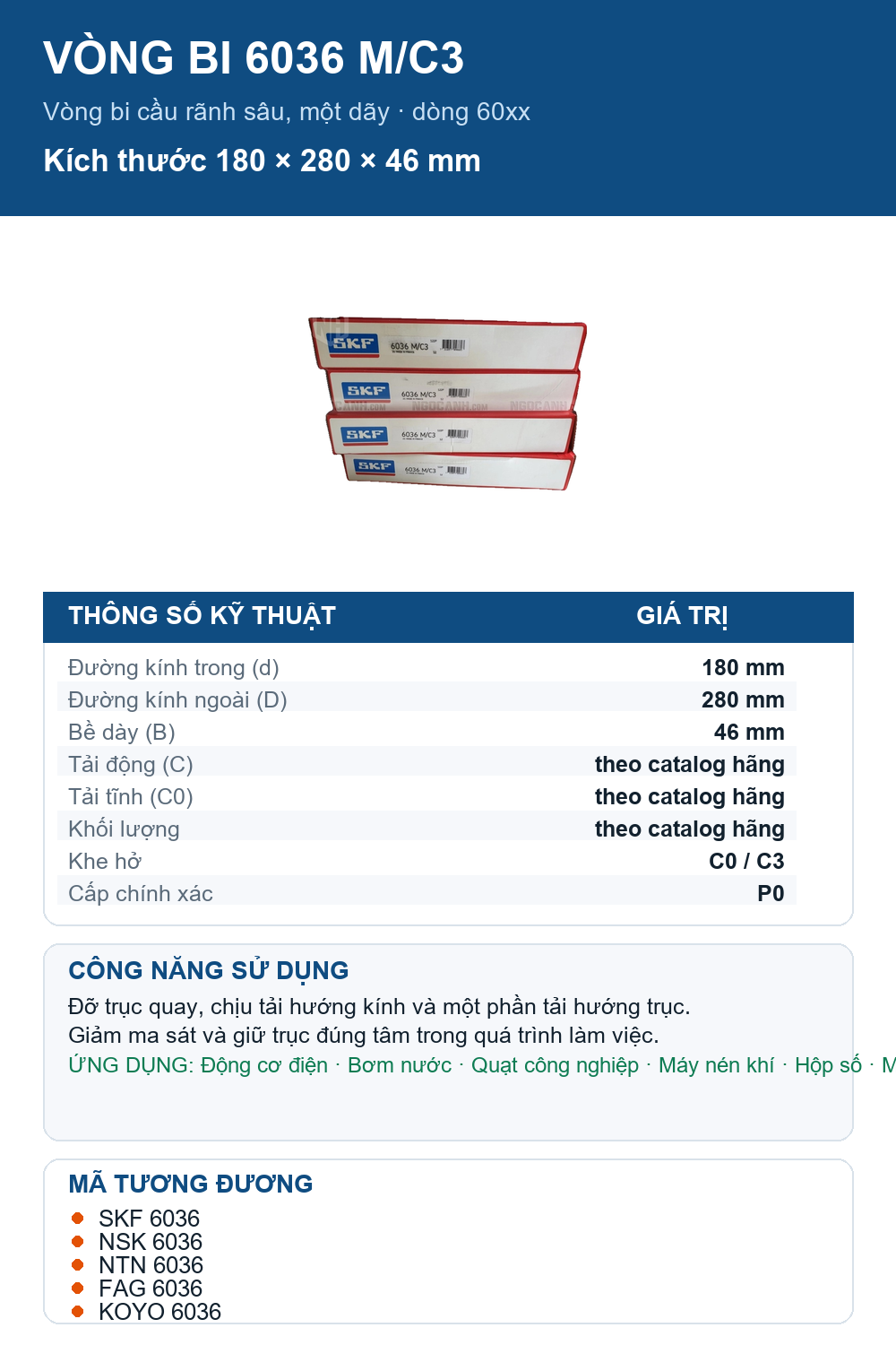 Vòng bi SKF 6036 M/C3 180x280x46mm — Ảnh thông số (Pinterest)