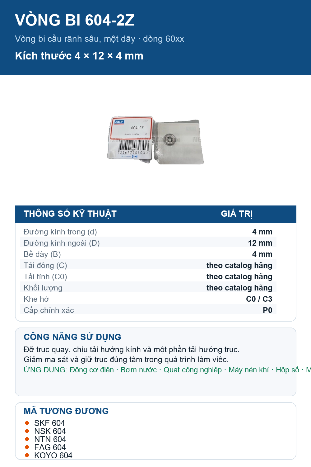 Vòng bi SKF 604-2Z 4x12x4mm — Ảnh thông số (Pinterest)