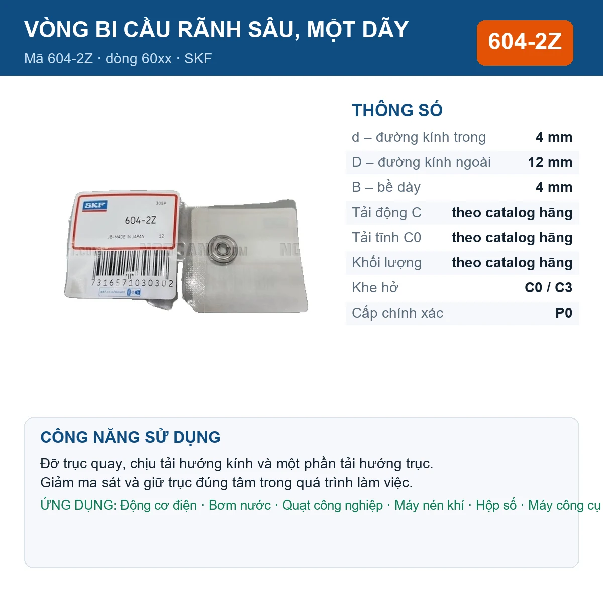 Vòng bi SKF 604-2Z — kích thước 4x12x4mm