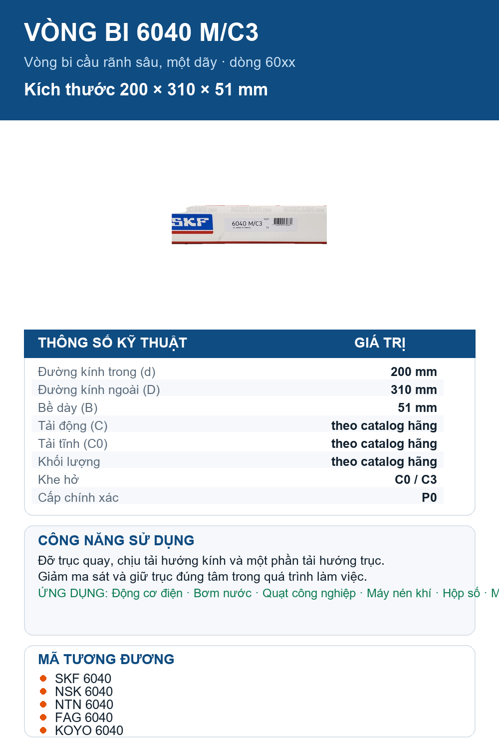 Vòng bi SKF 6040 M/C3 200x310x51mm — Ảnh thông số (Pinterest)