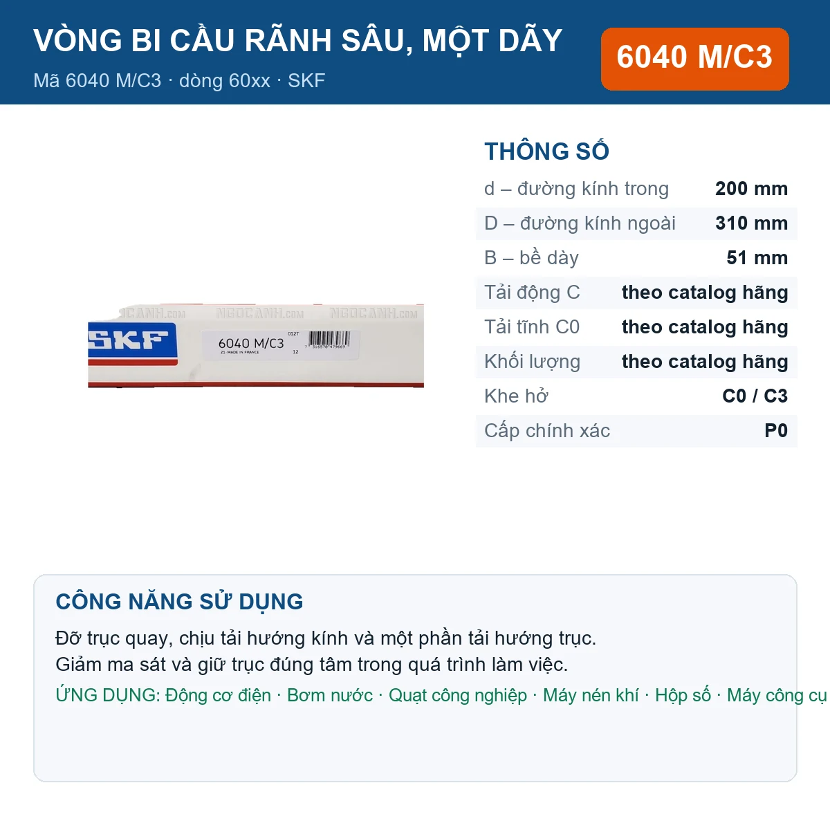 Vòng bi SKF 6040 M/C3 — kích thước 200x310x51mm