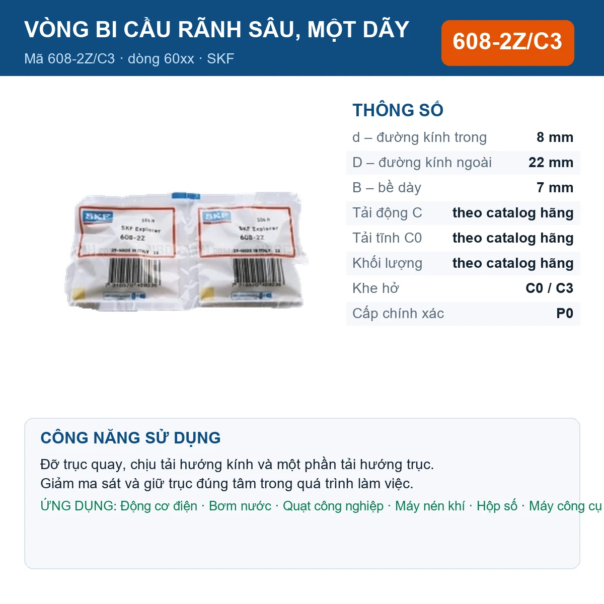 Vòng bi SKF 608-2Z/C3 — kích thước 8x22x7mm