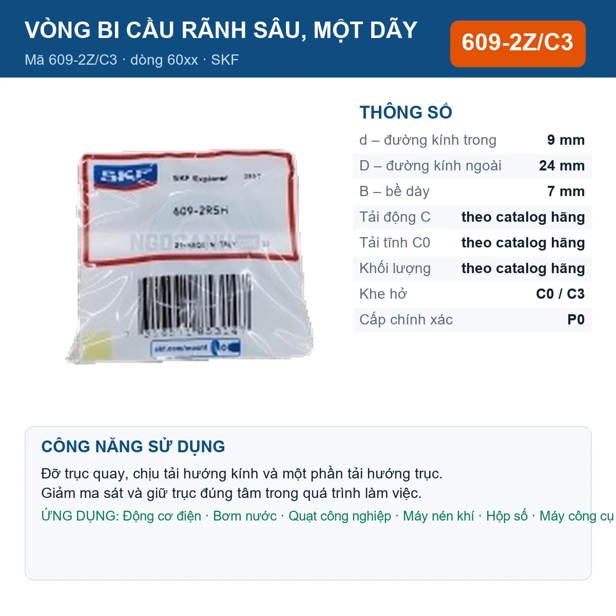Vòng bi SKF 609-2Z/C3 — kích thước 9x24x7mm