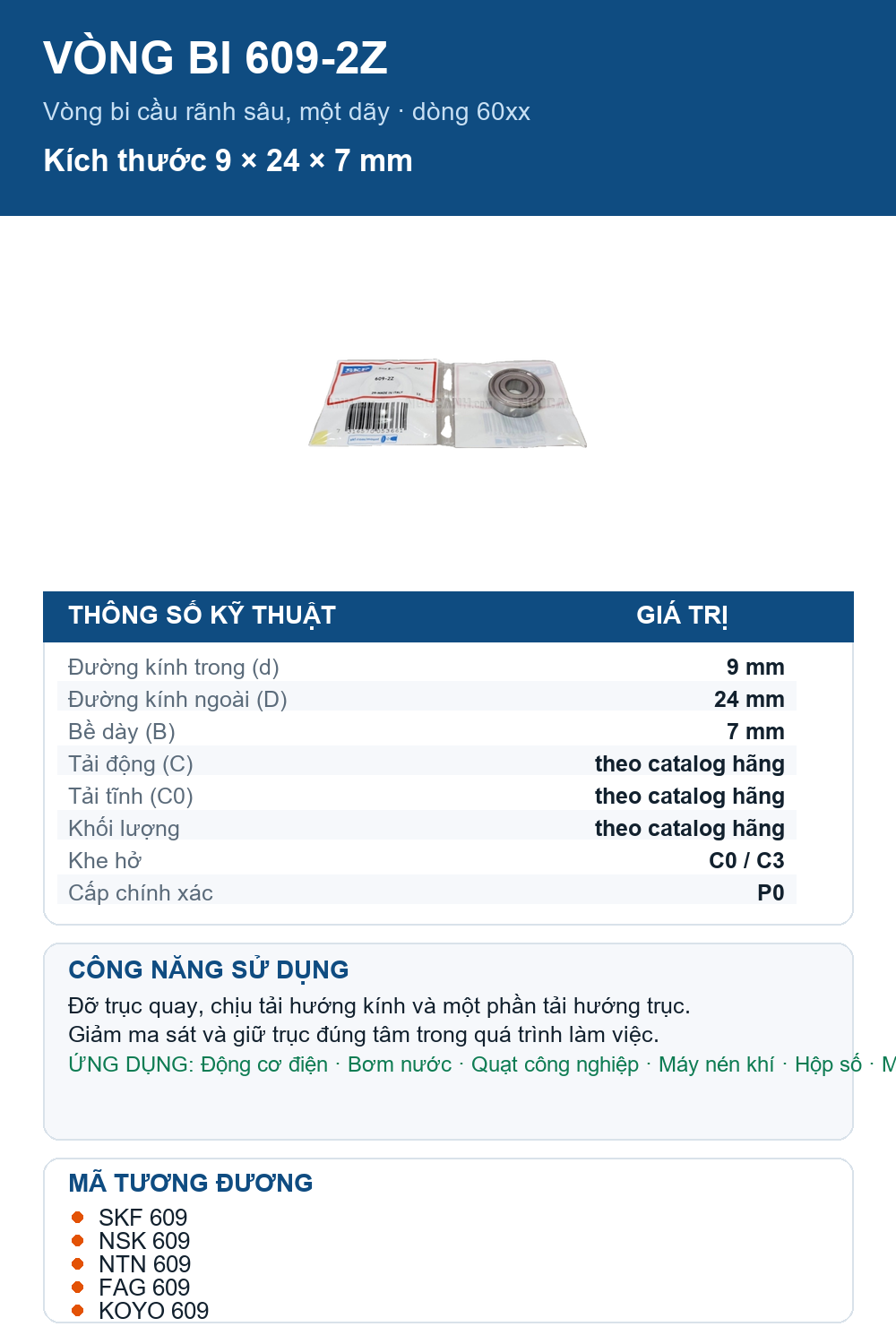 Vòng bi SKF 609-2Z 9x24x7mm — Ảnh thông số (Pinterest)