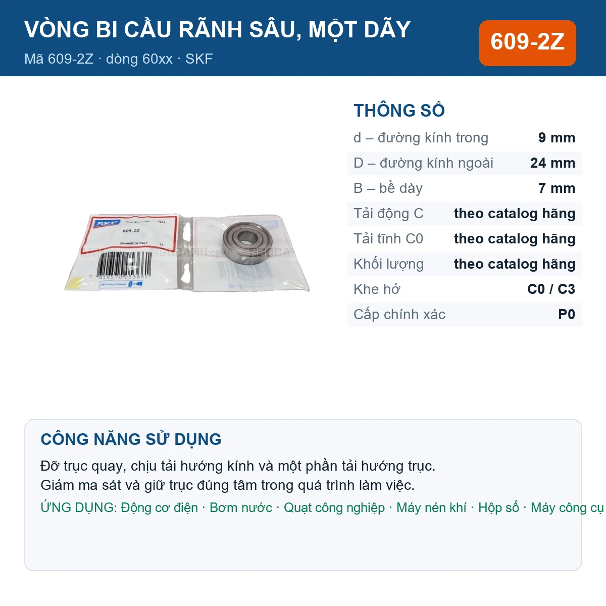 Vòng bi SKF 609-2Z — kích thước 9x24x7mm