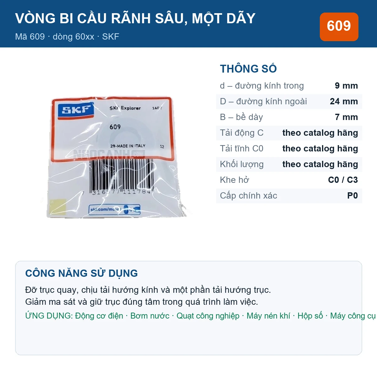 Vòng bi SKF 609 — kích thước 9x24x7mm
