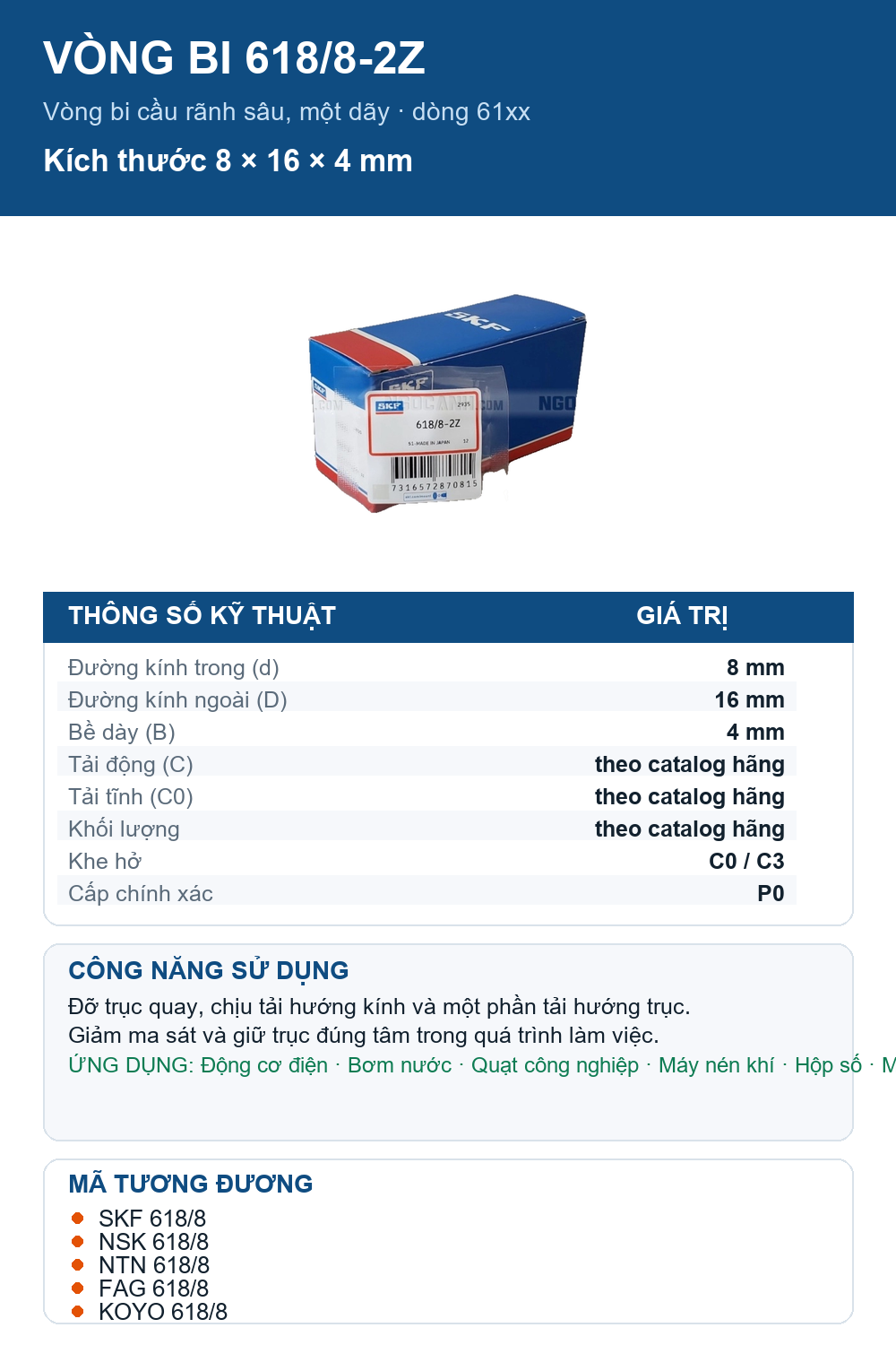 Vòng bi SKF 618/8-2Z 8x16x4mm — Ảnh thông số (Pinterest)