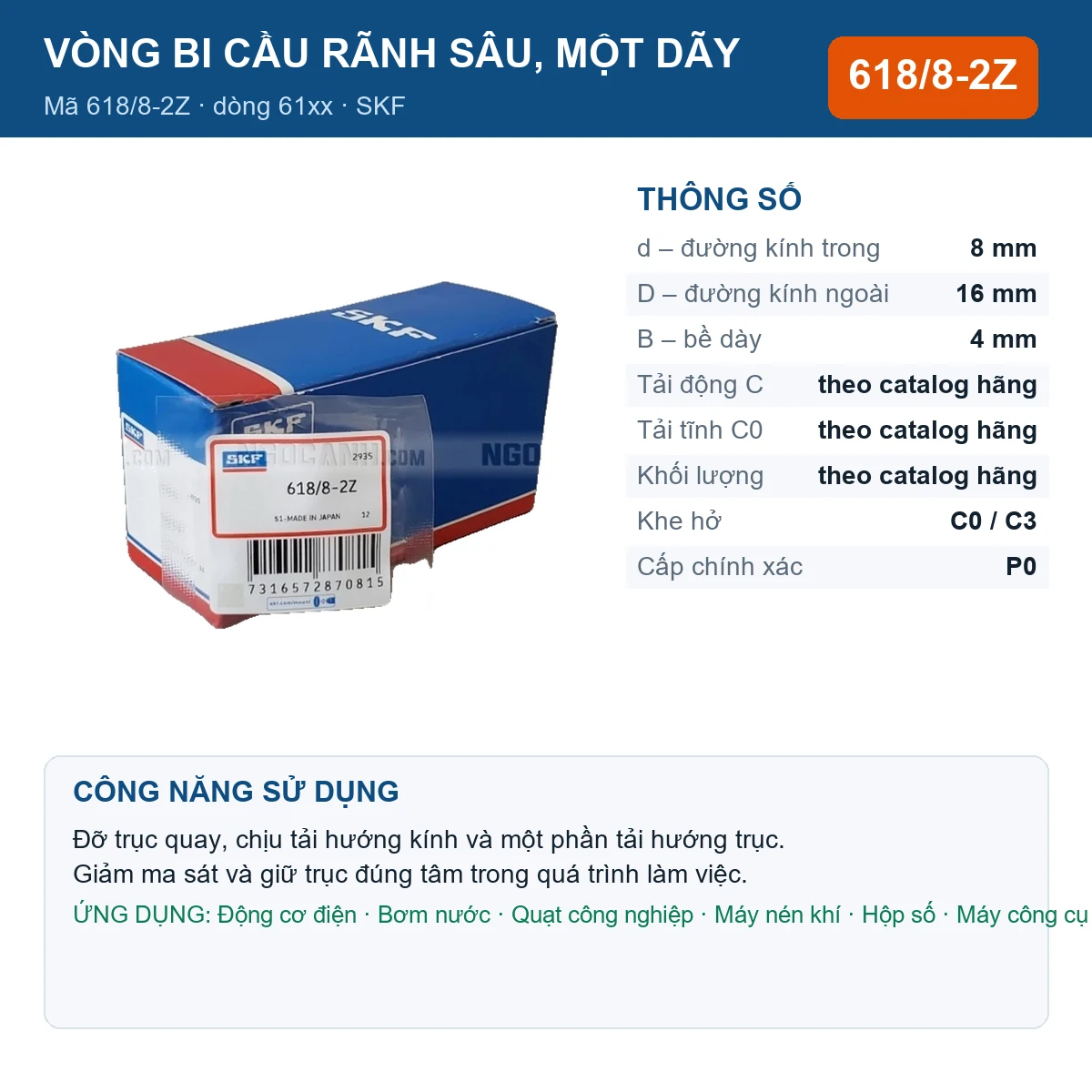 Vòng bi SKF 618/8-2Z — kích thước 8x16x4mm